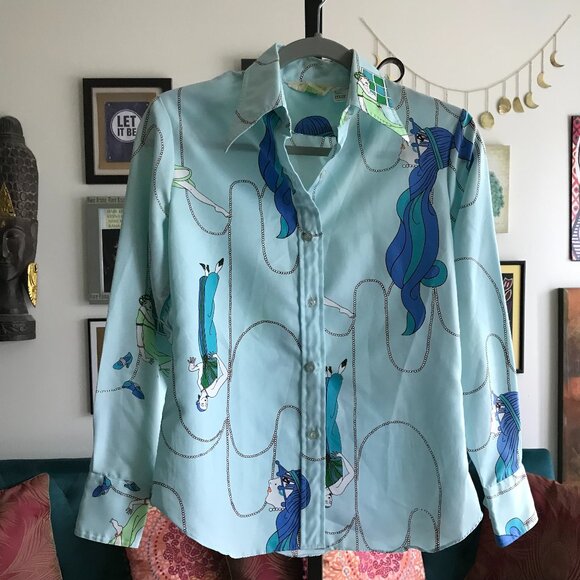 SEARS Mates size S Vintage 70's Blue 1920's Era Flappers Print Button Up Shirt - Picture 1 of 5